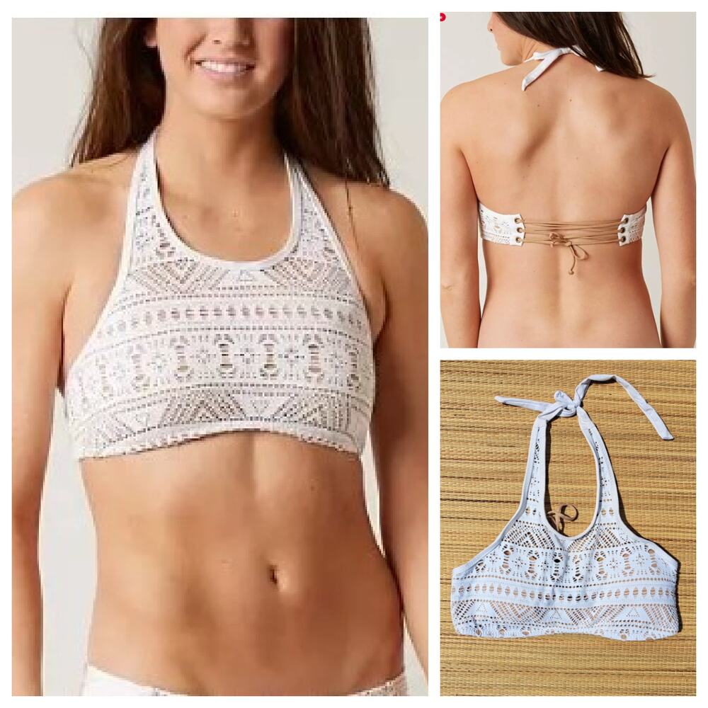 BECCA La Boheme White Crochet Bikini Top Medium High Neck Lace Up Back